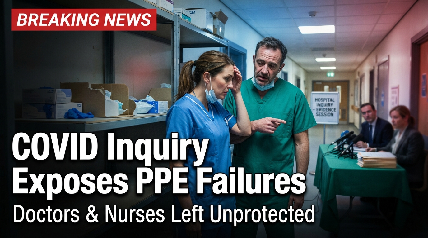 "Photorealistic YouTube thumbnail showing doctors and nurses in a hospital with limited personal protective equipment (PPE) during the COVID-19 pandemic, alongside an official inquiry setting and breaking news banner highlighting the UK COVID Inquiry findings on PPE planning failures affecting frontline healthcare workers."