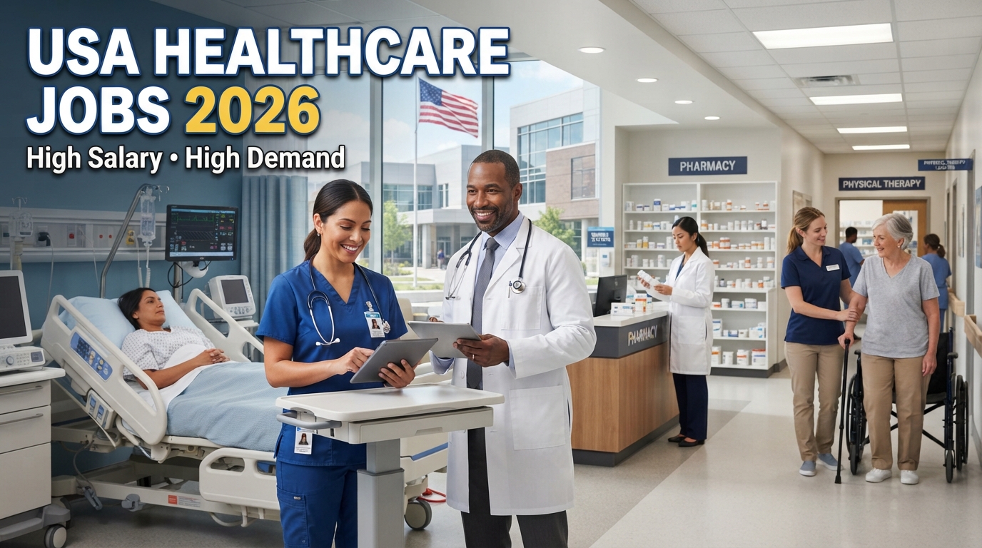 Healthcare Jobs in USA 2026 thumbnail showing real doctors, nurses, pharmacist, and physical therapist inside a modern American hospital with USA flag background and text "USA Healthcare Jobs 2026 – High Salary, High Demand".
