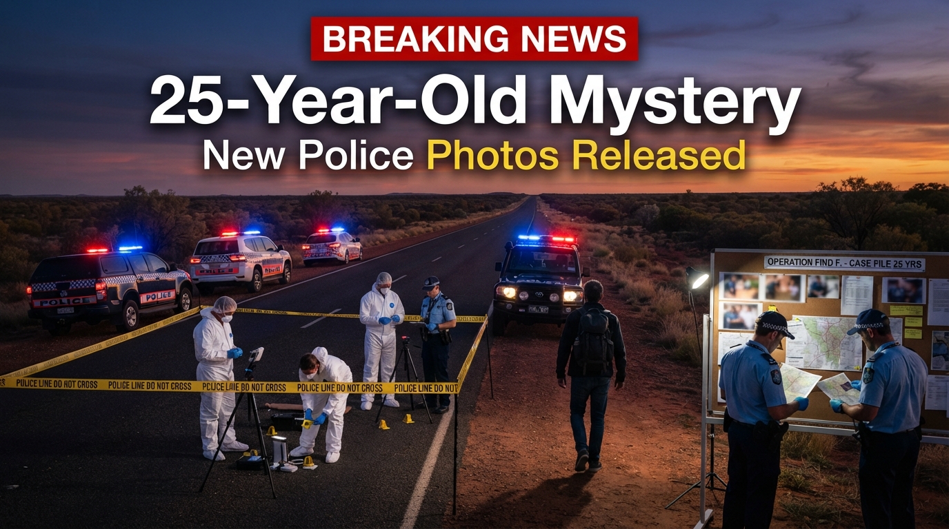 "Photorealistic YouTube thumbnail showing Australian police investigators examining evidence on a remote outback highway with forensic officers, police vehicles, and an investigation board featuring newly released case photographs related to the 25-year-old Peter Falconio murder investigation, presented in a professional breaking news style."