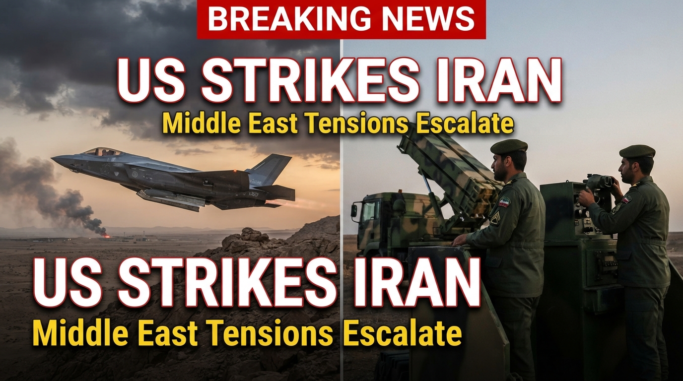 US military strikes against Iran breaking news thumbnail showing a US fighter jet flying over the Middle East, Iranian military personnel near missile launch equipment, smoke rising from a military site, and a Breaking News headline about escalating US-Iran tensions.
