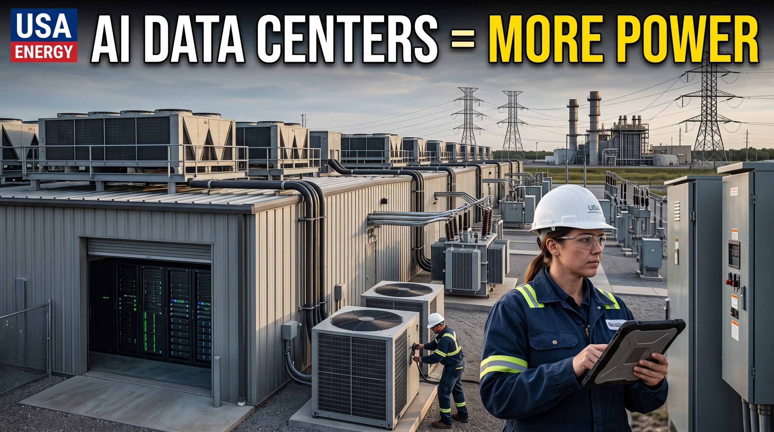 AI data centers energy demand in the United States showing real data center infrastructure, power plant, electricity transmission lines, servers, and energy workers.