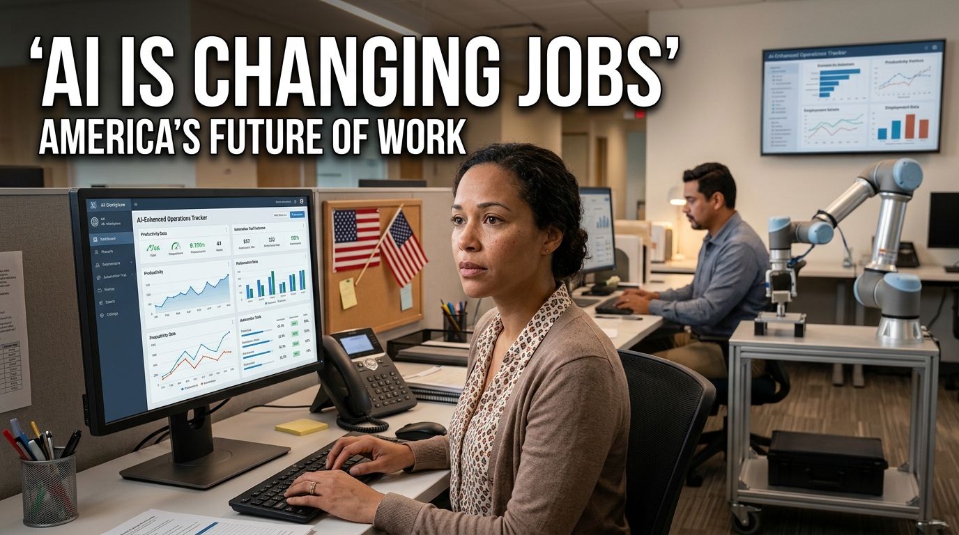 How AI is changing jobs in America in 2026, showing American workers using artificial intelligence, AI automation, workplace technology, and robots in modern jobs