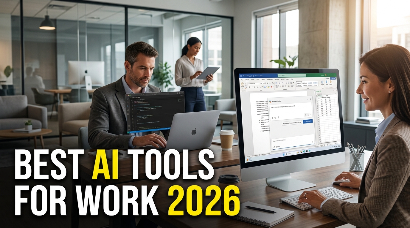 Best AI tools for work in 2026 showing professionals using AI productivity tools in a modern workplace
