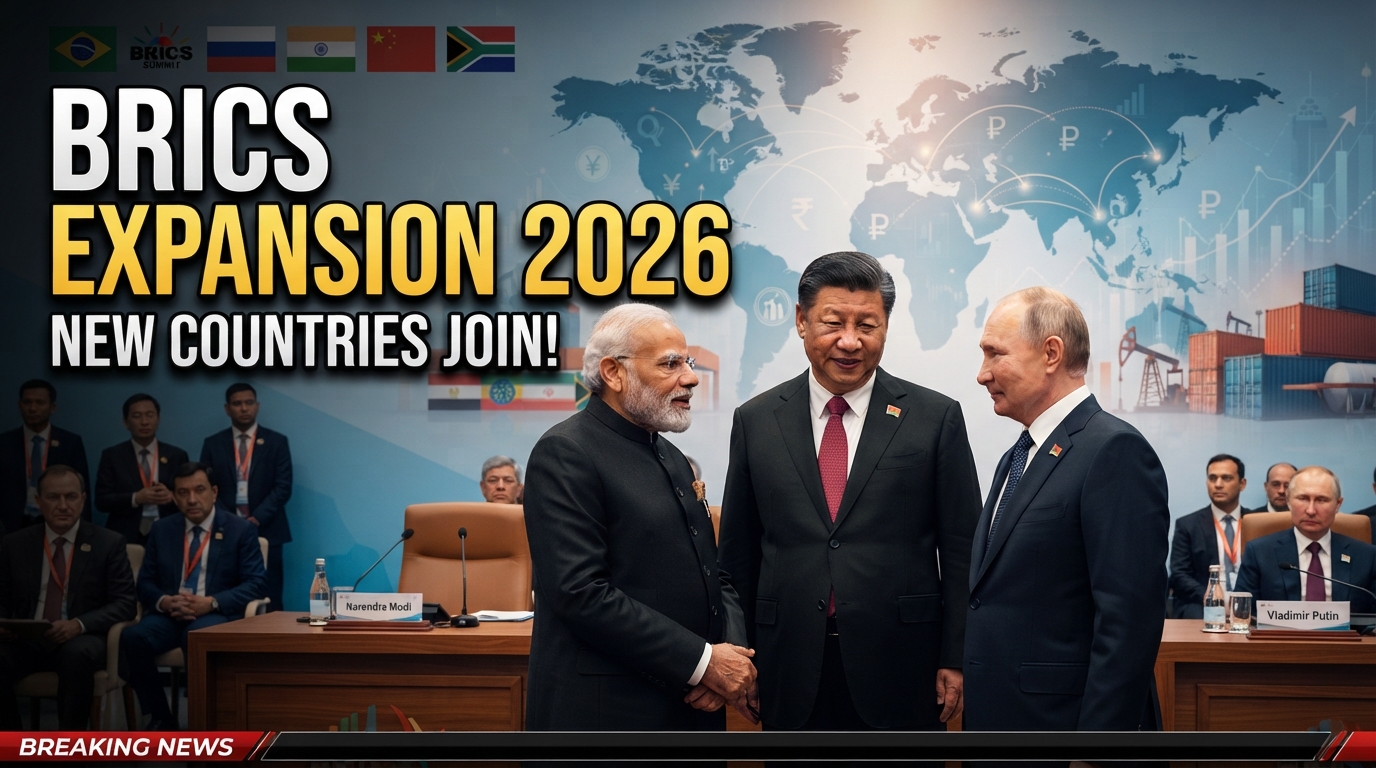 BRICS Expansion 2026 thumbnail featuring real world leaders, BRICS flags, global trade imagery, and text about new countries joining the economic alliance.