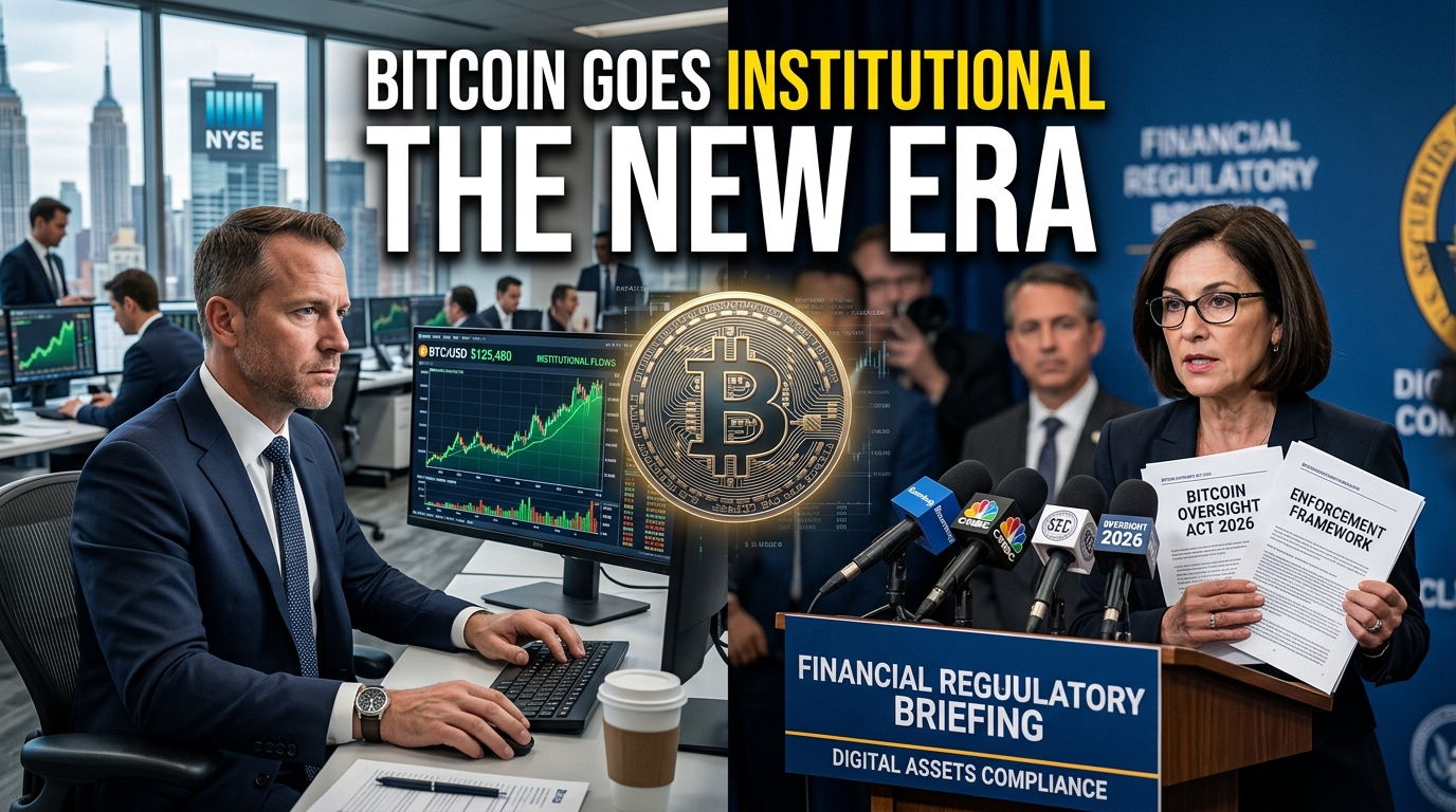 Realistic YouTube thumbnail showing a Wall Street institutional investor analyzing Bitcoin market charts, a large Bitcoin symbol, and a U.S. financial regulator representing the growing institutional adoption and regulatory crackdown of cryptocurrency in 2026.