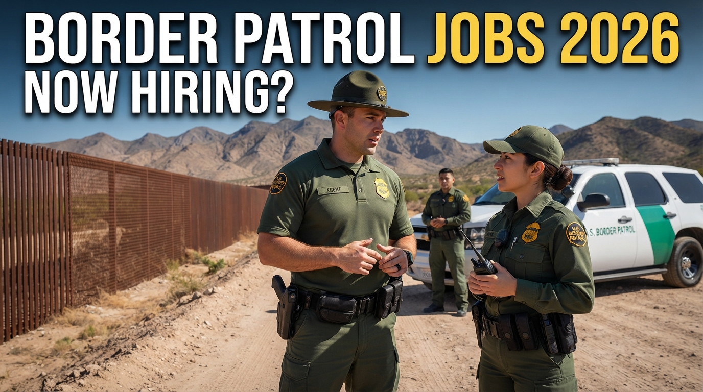 U.S. Border Patrol agents in authentic uniforms near a border security fence for a 2026 Border Patrol Agent jobs and federal government careers news thumbnail.