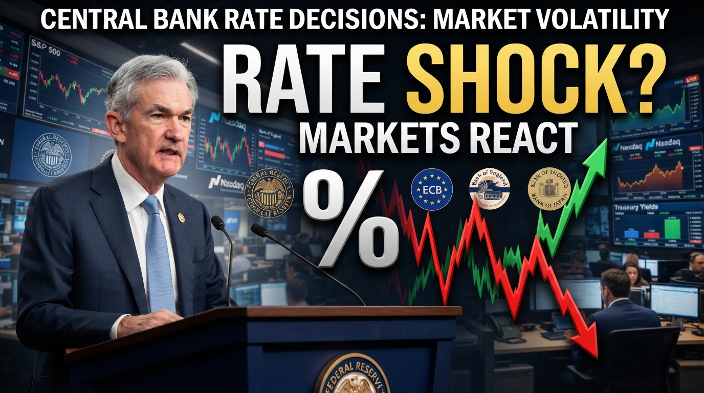 Realistic financial news thumbnail showing Federal Reserve Chair Jerome Powell at a press conference, surrounded by stock market charts, interest-rate graphics, and red and green market movements, representing central bank rate decisions and market volatility.