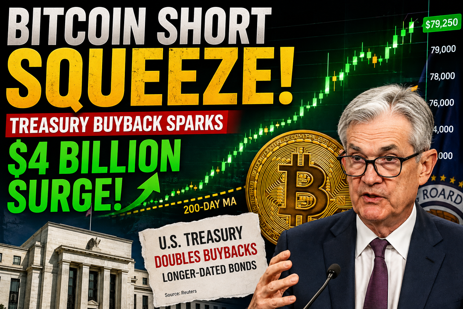 Bitcoin short squeeze sends BTC price above $79,000 as U.S. Treasury bond buybacks trigger a $4 billion crypto liquidation surge, with rising Bitcoin chart, 200-day moving average breakout, Treasury official, U.S. government building, and financial market graphics.