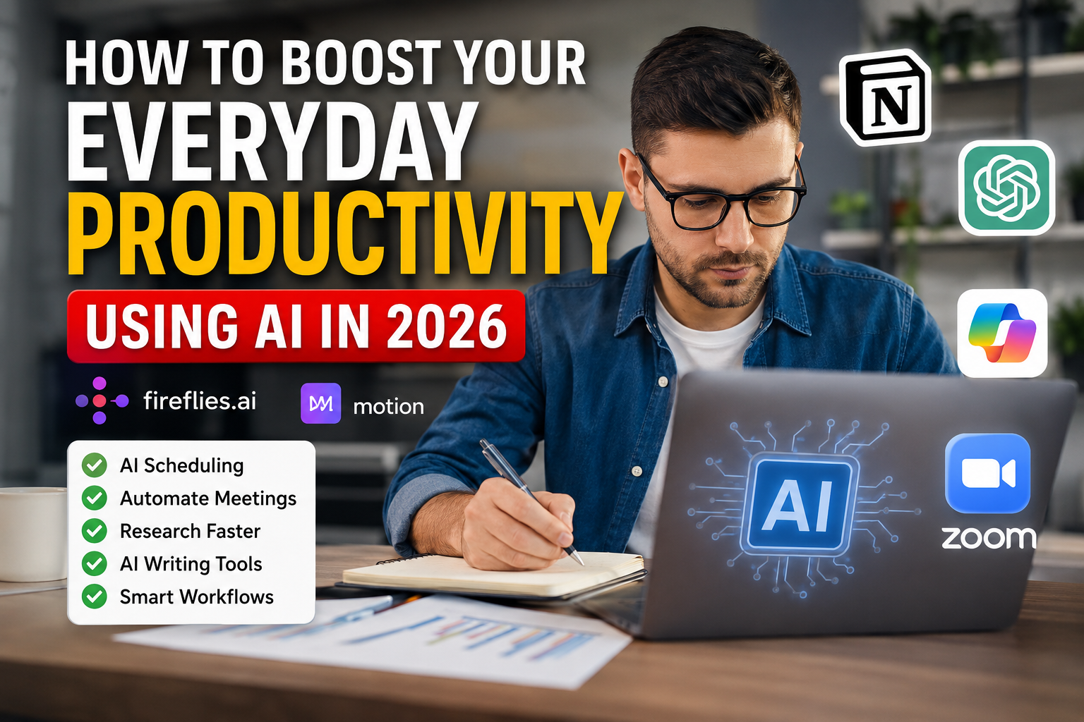 Realistic YouTube thumbnail showing a professional man working on a laptop with AI productivity graphics, surrounded by Notion, ChatGPT, Microsoft, Zoom, Fireflies.ai, and Motion icons, with text about boosting everyday productivity using AI in 2026.