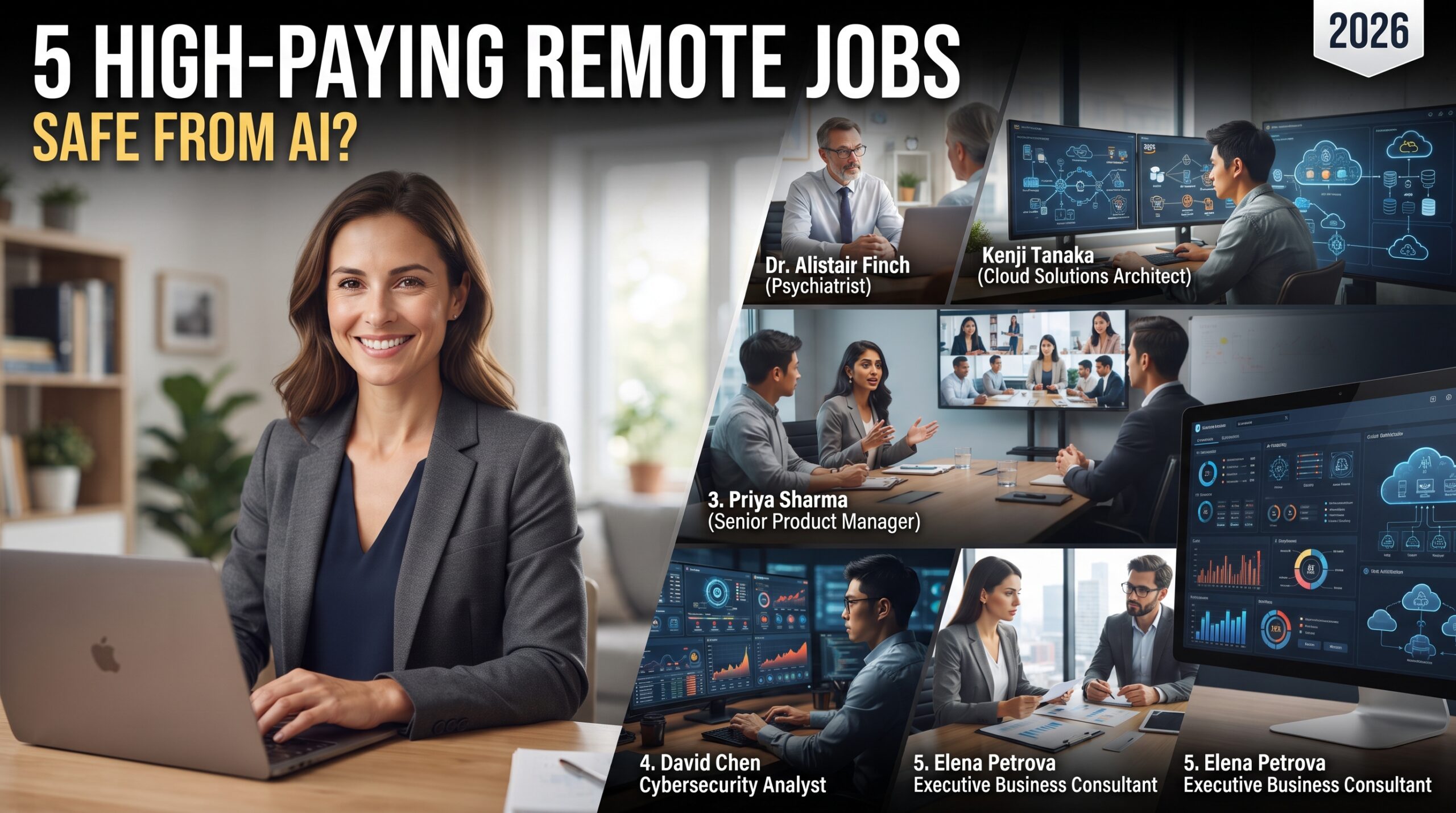 Real professionals working remotely in high-paying careers, including cybersecurity, cloud architecture, product management, therapy, and executive consulting, alongside AI technology, illustrating jobs that may be resistant to AI automation in 2026.
