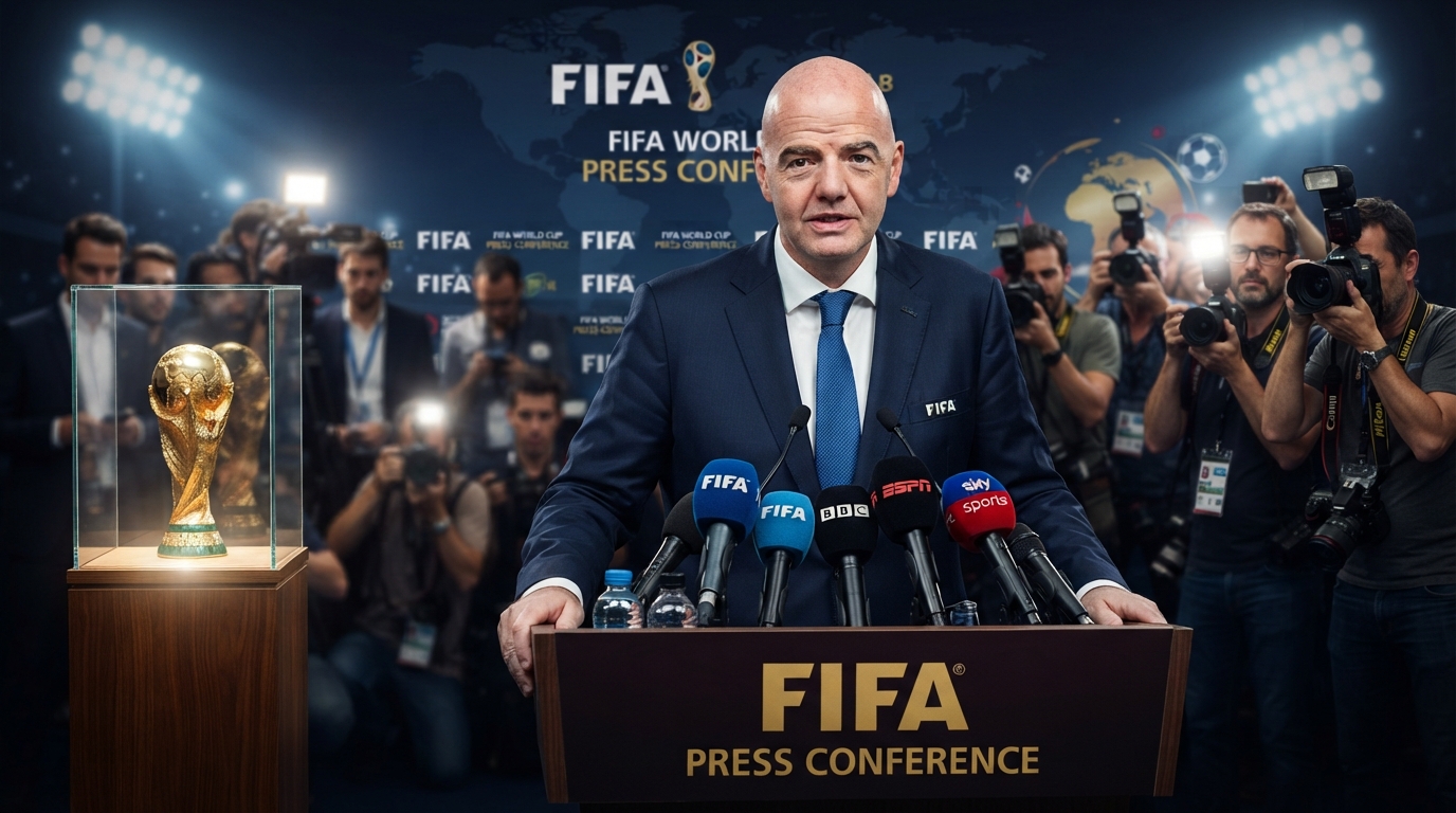 "FIFA President Gianni Infantino at an official FIFA press conference after FIFA scraps World Cup investment plan following global opposition."