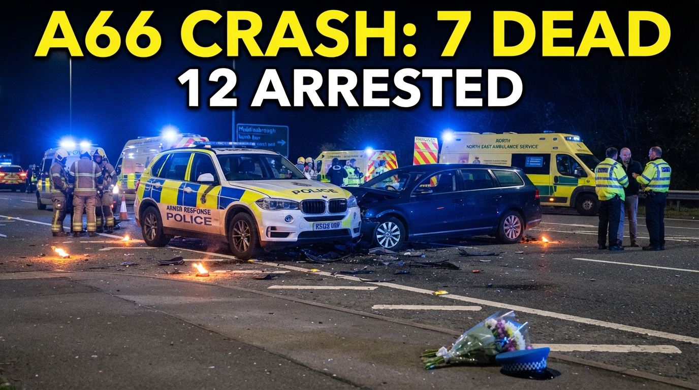 A photorealistic nighttime news scene of the fatal A66 crash near Middlesbrough, showing a badly damaged Volkswagen Passat and Cleveland Police vehicle surrounded by emergency responders, police lights, road debris, and investigators, with the headline “A66 CRASH: 7 DEAD” and “12 ARRESTED.”