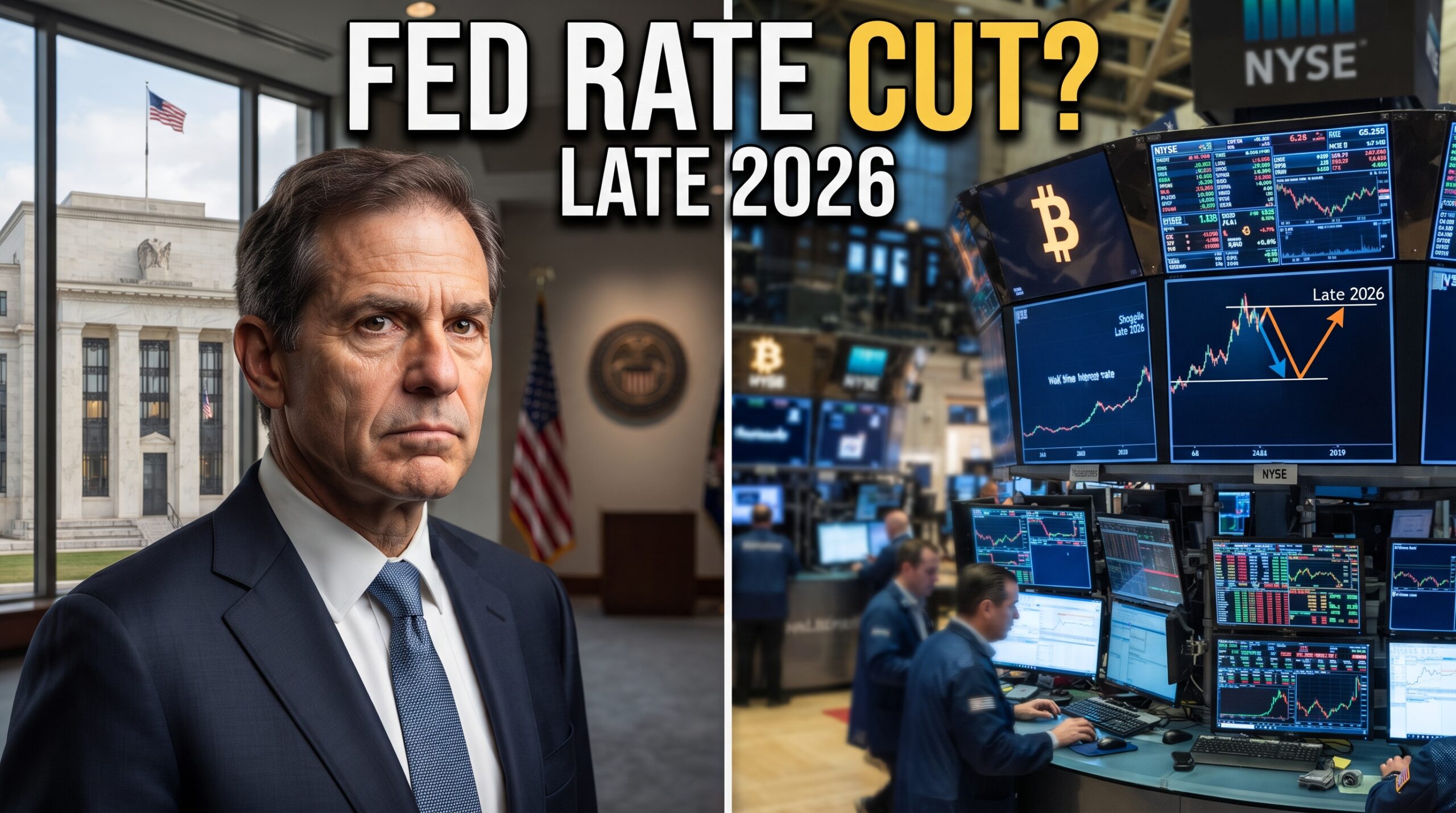 Federal Reserve Chairman Kevin Warsh with Wall Street traders, Bitcoin market visuals, and an interest-rate chart highlighting the possibility of a Fed rate cut in late 2026.