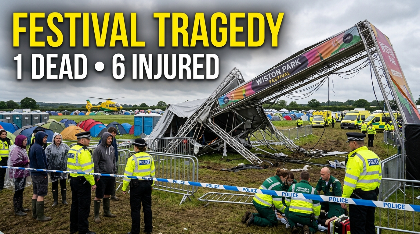 Realistic breaking-news scene at Big Church Festival in West Sussex showing a collapsed festival sign, emergency responders, police, ambulances, and concerned attendees gathered around the incident area.