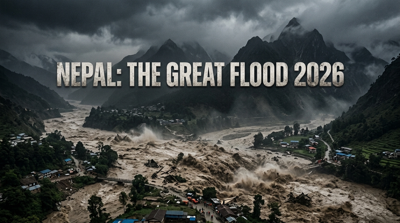 Nepal flash flood 2026 devastation near the Nepal-China border, showing powerful floodwaters, mud and debris sweeping through Himalayan villages, damaged bridges and roads, with rescue teams searching for survivors.