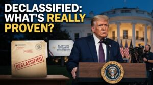 Realistic Donald Trump delivering a serious speech beside declassified U.S. intelligence documents, illustrating the 2026 midterm election integrity debate