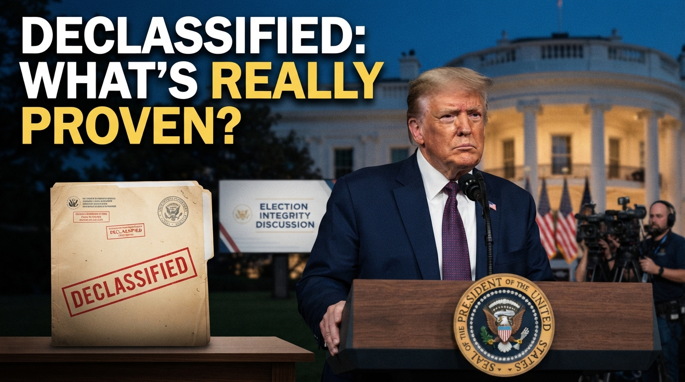 Realistic Donald Trump delivering a serious speech beside declassified U.S. intelligence documents, White House and American flag in background, highlighting the 2026 election integrity debate and questions over what the documents actually prove.