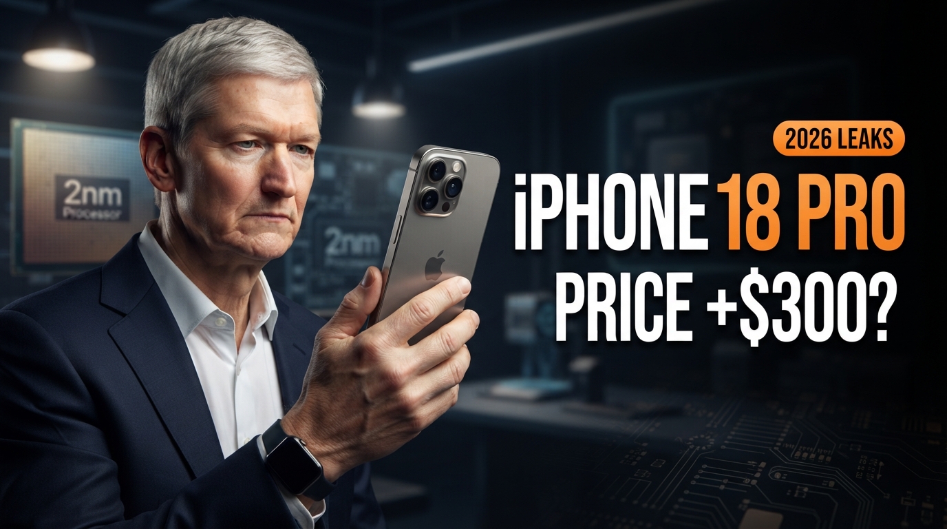 Photorealistic YouTube thumbnail showing a leaked iPhone 18 Pro-style smartphone beside Tim Cook, with bold text “iPhone 18 Pro,” “Price +$300?” and “2026 Leaks,” against a dark premium technology background.
