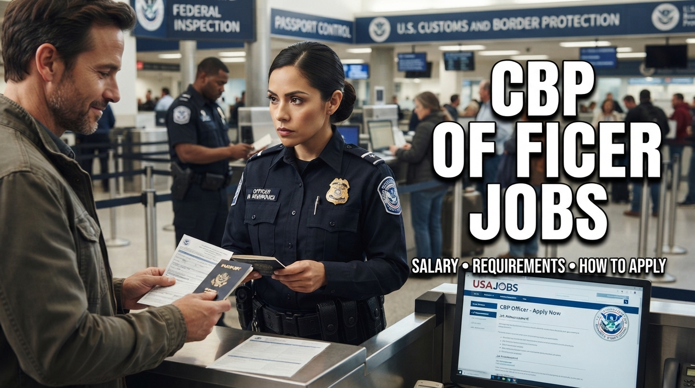 Realistic U.S. Customs and Border Protection officer inspecting a traveler’s passport and luggage at a U.S. Port of Entry, with another officer, inspection booths, security barriers, and border facilities in the background; bold text reads “CBP OFFICER JOBS” and “SALARY • REQUIREMENTS • HOW TO APPLY.”