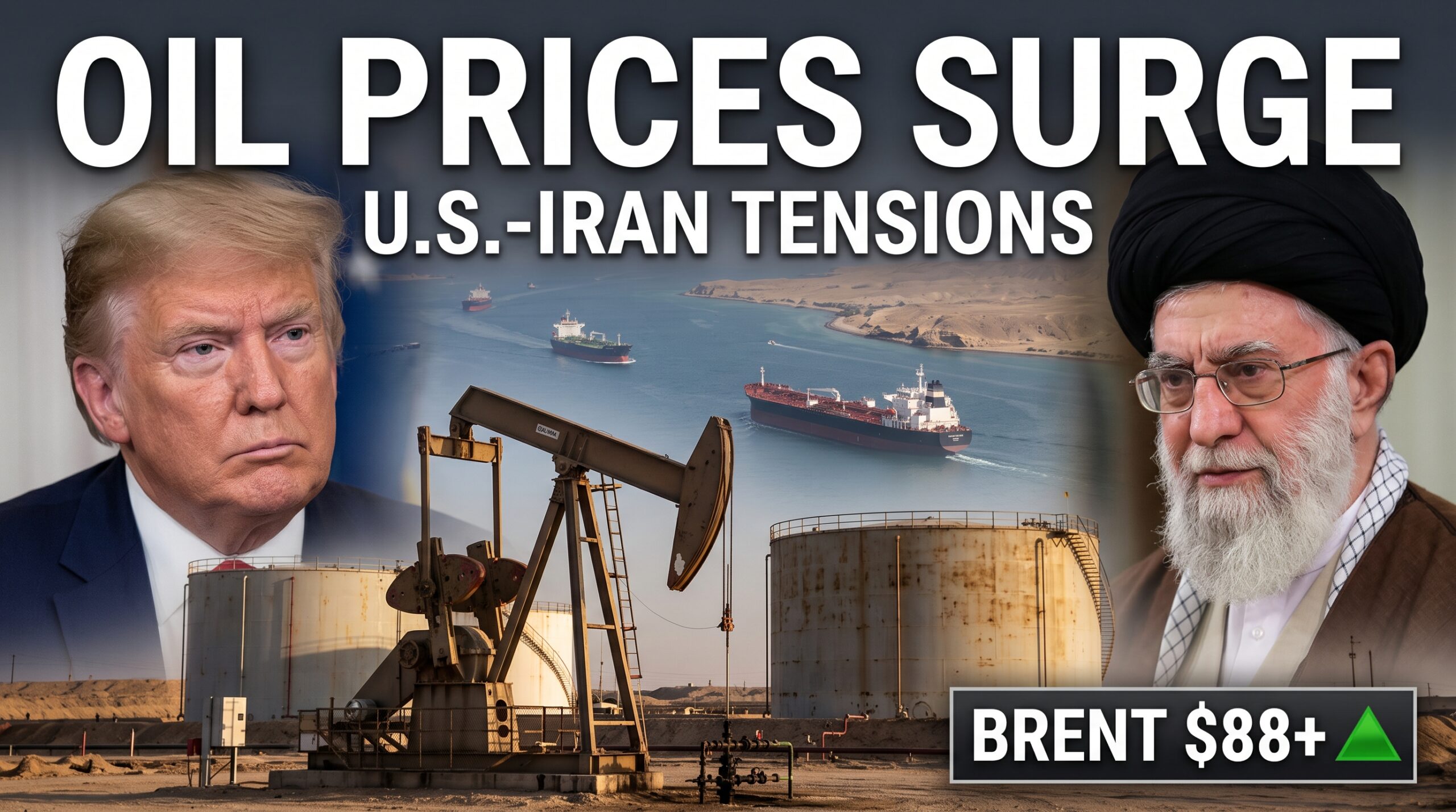 Photorealistic YouTube thumbnail showing rising oil prices amid U.S.-Iran tensions, with real oil pump jacks, oil storage tanks, crude oil tankers near the Strait of Hormuz, and realistic images of U.S. and Iranian political leaders, featuring the headline “OIL PRICES SURGE” and “U.S.-IRAN TENSIONS.”