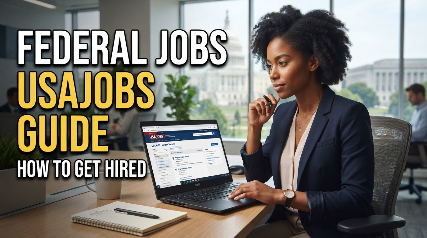 Federal government jobs USAJOBS guide thumbnail showing a real professional applicant using a laptop to search for U.S. federal jobs, with the U.S. Capitol and government offices in the background.