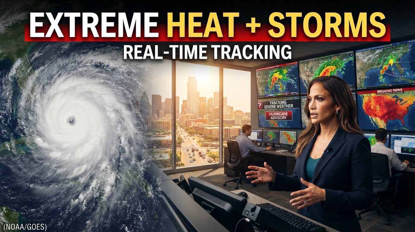 extreme weather news scene showing a real meteorologist monitoring hurricane radar and satellite imagery, with a powerful tropical storm and extreme heat conditions visible in the background, highlighting real-time weather tracking and emergency preparedness.
