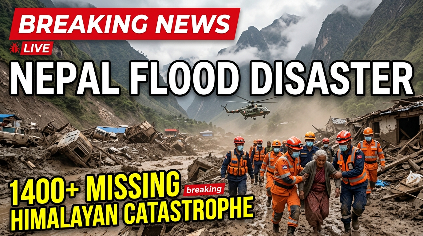 Nepal Tibet flash flood disaster 2026 showing massive Himalayan landslide debris, destroyed roads and bridges, muddy floodwaters, damaged buildings, and Nepalese rescue workers searching for survivors after a deadly glacial collapse.