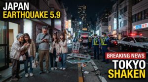 Realistic Japan earthquake 5.9 magnitude breaking news scene showing Japanese residents and emergency responders in Tokyo after strong nighttime shaking, with emergency vehicles, urban buildings, and realistic earthquake damage.