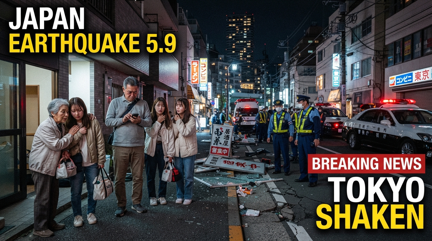 Realistic Japan earthquake 5.9 magnitude breaking news scene showing Japanese residents and emergency responders in Tokyo after strong nighttime shaking, with emergency vehicles, urban buildings, and realistic earthquake damage.