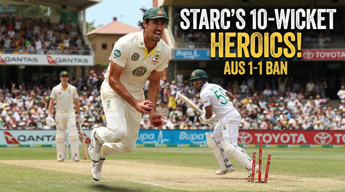 Australia vs Bangladesh 2nd Test thumbnail featuring Mitchell Starc celebrating his 10-wicket haul, with Pat Cummins and Shoriful Islam on a realistic cricket field and text reading “Starc’s 10-Wicket Heroics! AUS 1-1 BAN.”