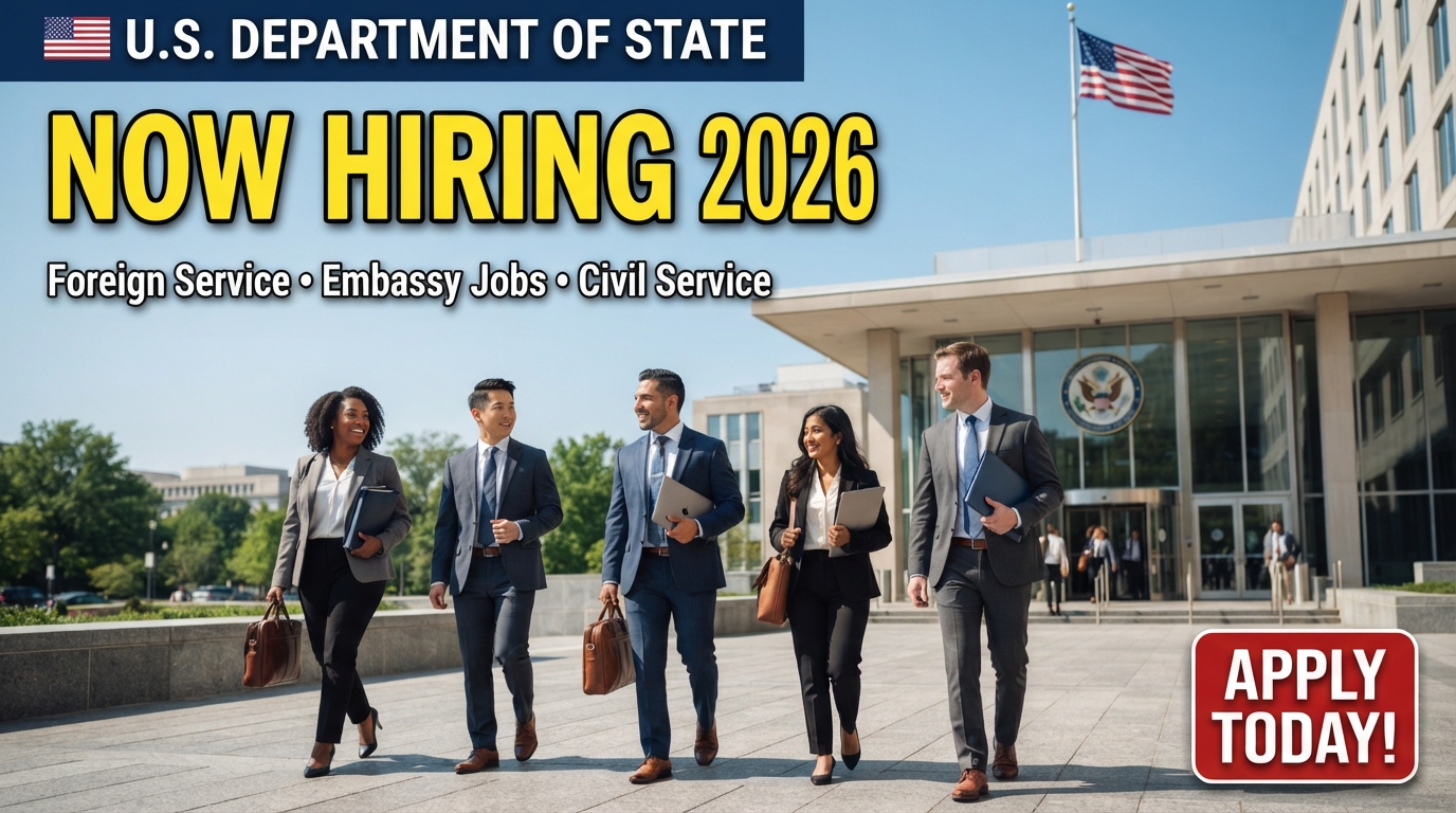 U.S. Department of State Careers 2026 thumbnail showing the State Department headquarters in Washington, D.C., with professional men and women representing Foreign Service Officers, Embassy jobs, and Civil Service positions, featuring the text "Now Hiring 2026."