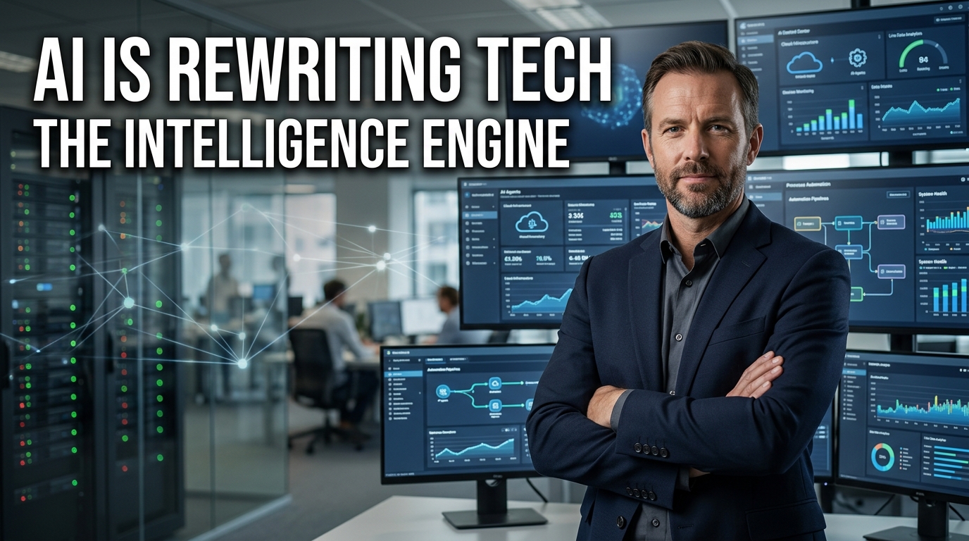 Photorealistic technology executive in a modern AI operations center, surrounded by computer monitors showing workflow automation, AI analytics, cloud infrastructure, cybersecurity dashboards, and interconnected business processes, illustrating how artificial intelligence is transforming the global tech sector.
