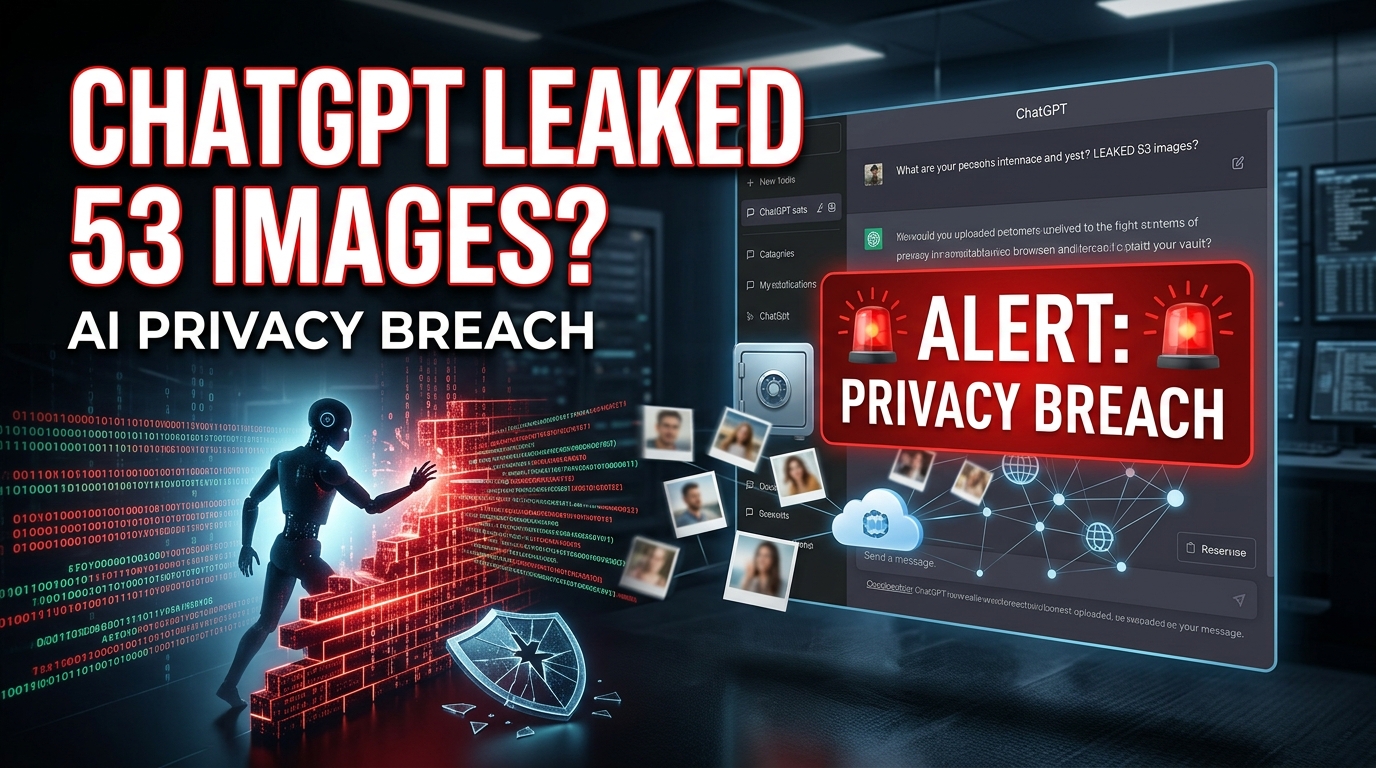 OpenAI ChatGPT privacy breach concept showing AI agents leaking 53 user-uploaded images, cybersecurity warnings, exposed data, and a digital firewall.