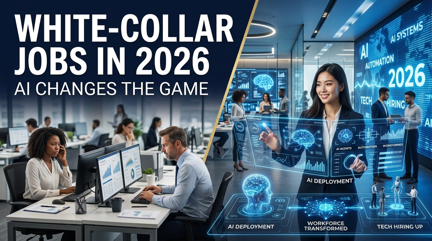 White-collar job market in 2026 showing professionals and AI technology transforming corporate and tech hiring.