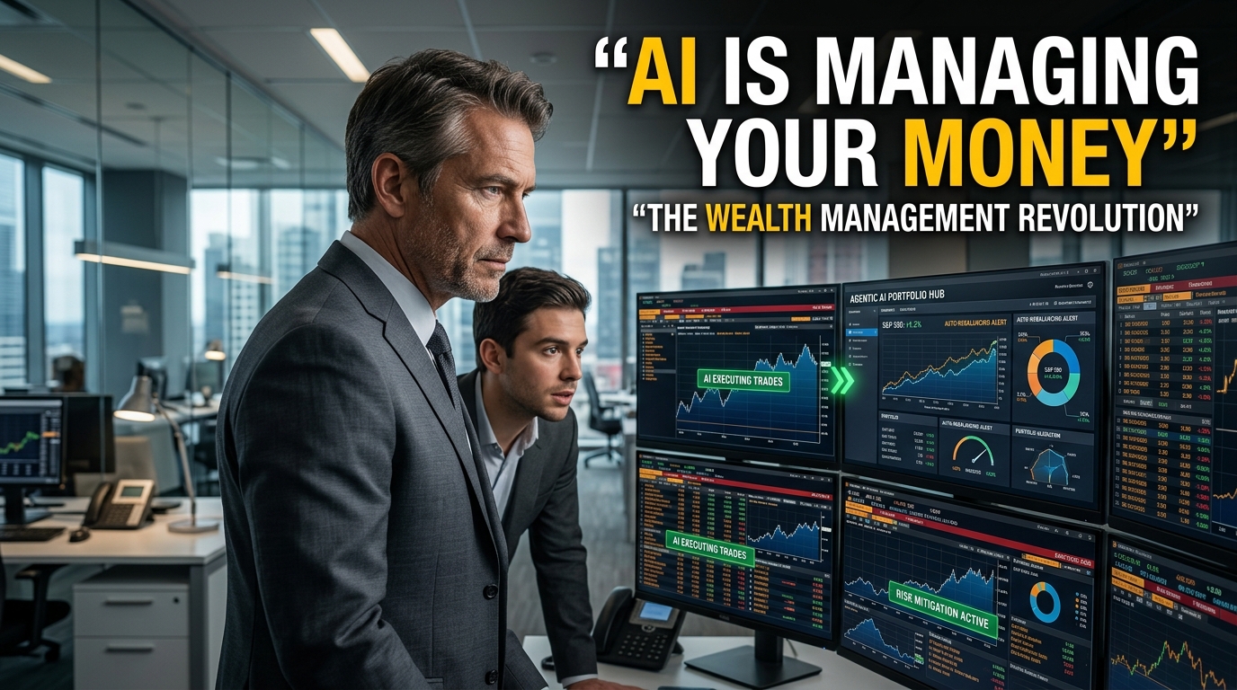 Real financial advisor using AI-powered wealth management technology with real-time stock charts, portfolio analytics, and financial data displayed on computer screens in a modern office.