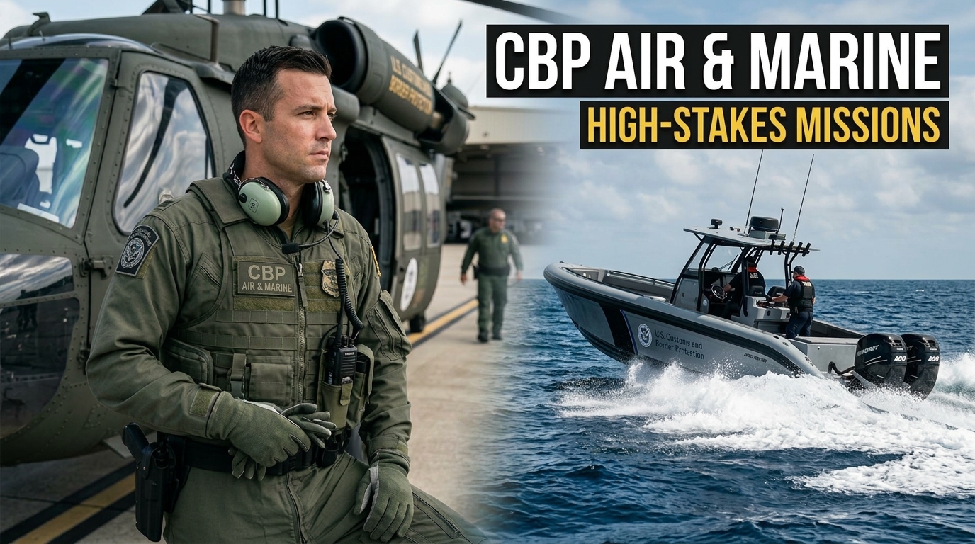 CBP Air and Marine Operations agents with a Black Hawk-style helicopter and high-speed patrol boat during a U.S. border security mission, cinematic documentary photography, authentic federal law enforcement equipment, natural lighting, photorealistic people and vehicles.