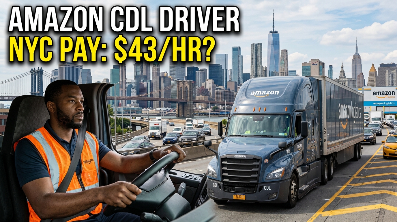 Realistic Amazon CDL truck driver driving a semi-truck through New York City, with the NYC skyline and highways in the background, highlighting Amazon trucking jobs, CDL driver pay, shifts, and career opportunities.