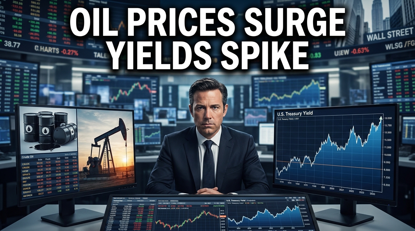 Oil prices surge and U.S. Treasury yields rise, illustrating inflation, higher borrowing costs, and global economic pressure.