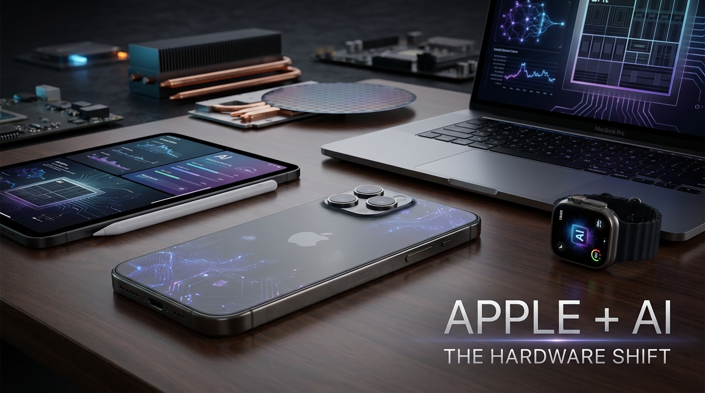 Apple iPhone, MacBook, iPad, and Apple Watch showcasing the company’s AI-powered hardware, on-device intelligence, and advanced Apple Silicon technology.