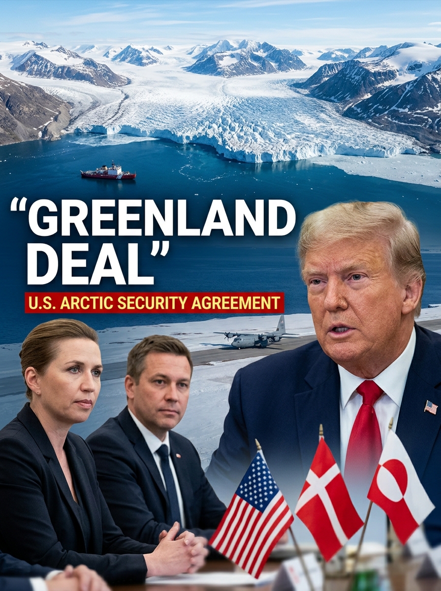 Donald Trump, Denmark’s Prime Minister Mette Frederiksen, and Greenland’s Prime Minister Jens-Frederik Nielsen alongside a realistic Arctic Greenland landscape, representing the new U.S.–Denmark–Greenland security agreement and growing Arctic defense cooperation.