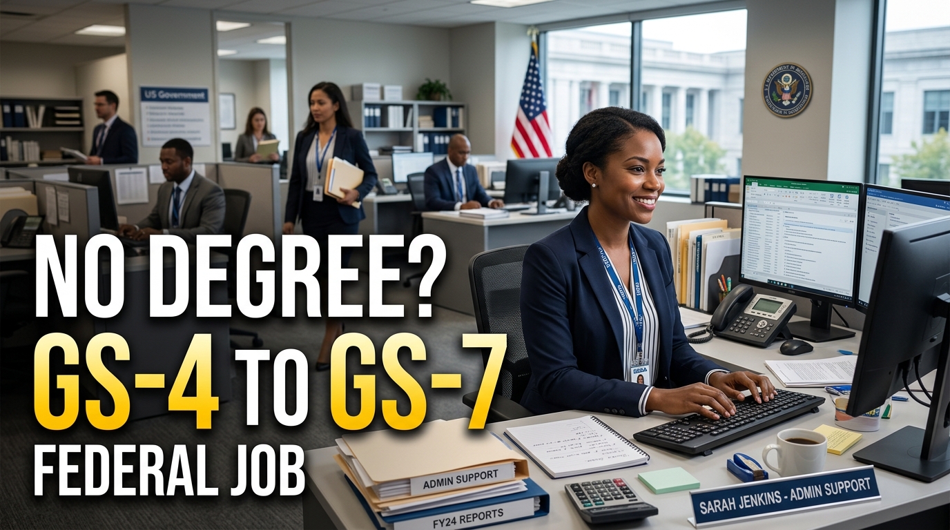 Realistic American federal office showing a professional administrative support assistant working at a desk, with federal employees and an American flag in the background, representing GS-4 to GS-7 government jobs with no degree required.