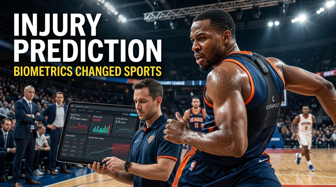 Real professional basketball player wearing wearable biometric tracking technology during a game, while a sports scientist monitors real-time performance and injury-risk data on a tablet.