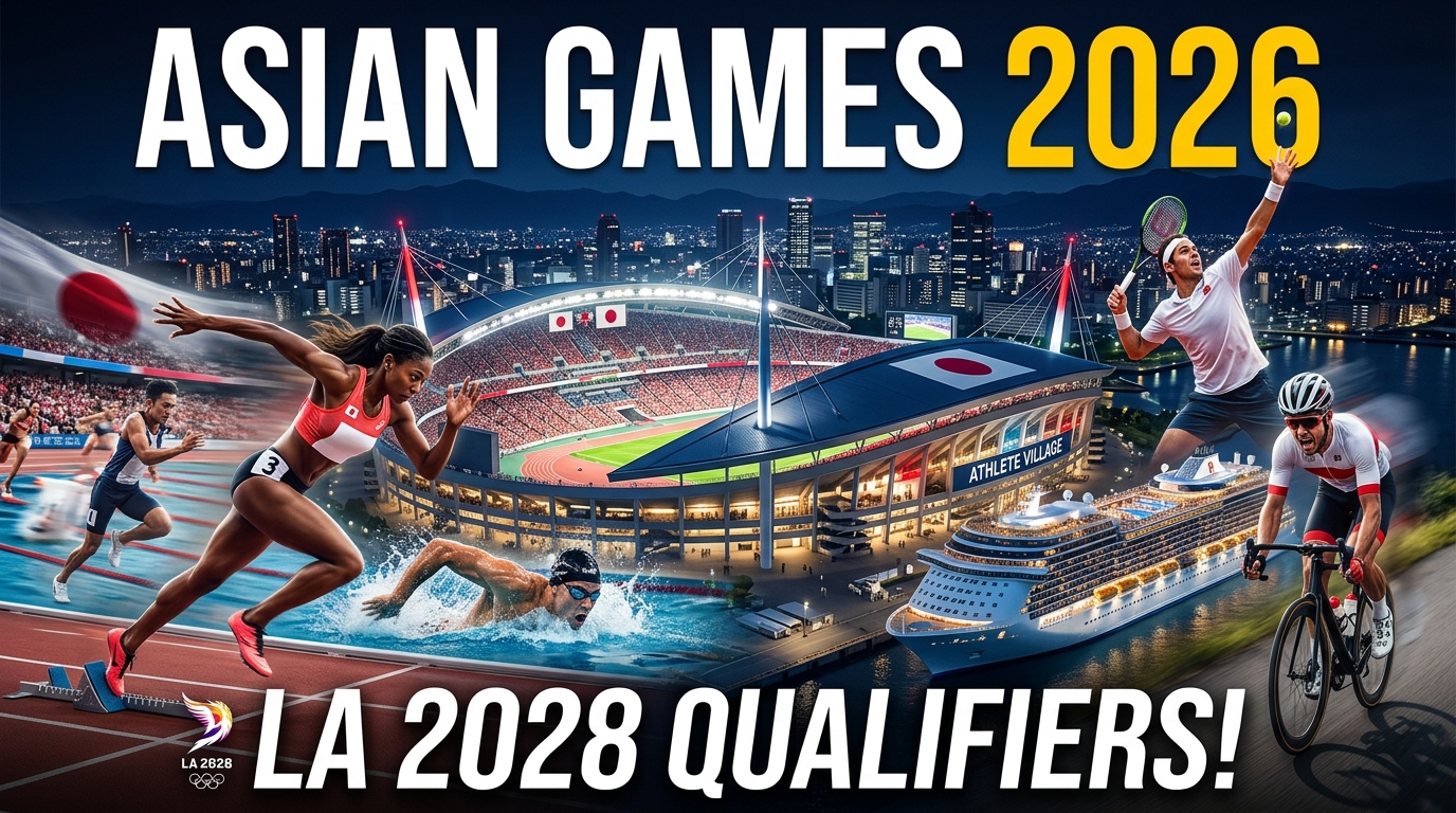 Aichi-Nagoya 2026 Asian Games in Japan featuring athletes, a modern stadium, multiple sports, and the LA 2028 Olympic qualification pathway.