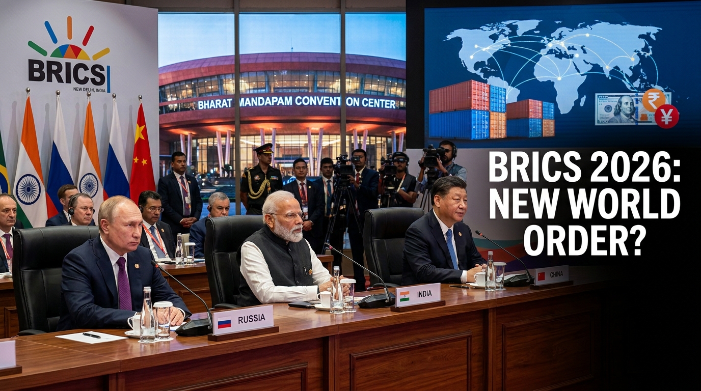 18th BRICS Summit in New Delhi featuring Narendra Modi, global leaders, Bharat Mandapam, and discussions on trade, de-dollarization, and alternative currencies.