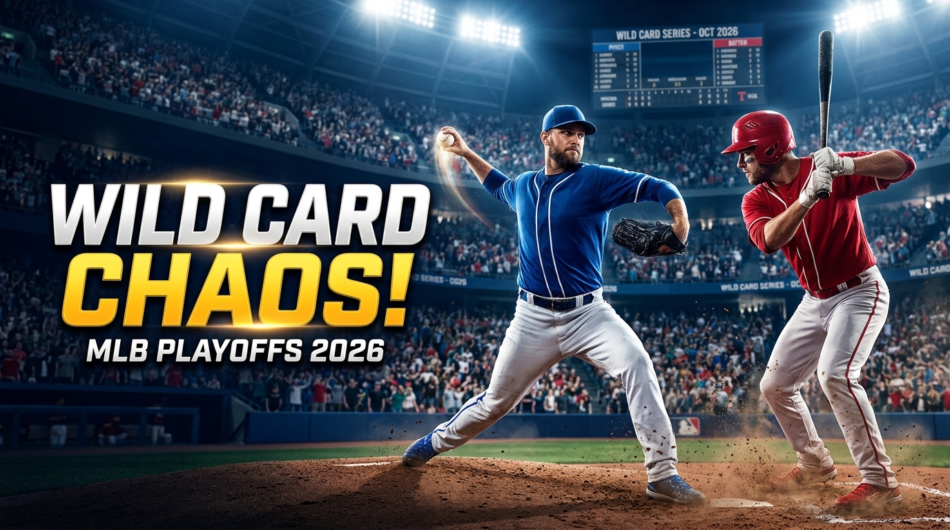MLB Wild Card Series 2026 thumbnail showing two baseball players facing off in a dramatic stadium setting with bold text reading “WILD CARD CHAOS!” and “MLB PLAYOFFS 2026.”