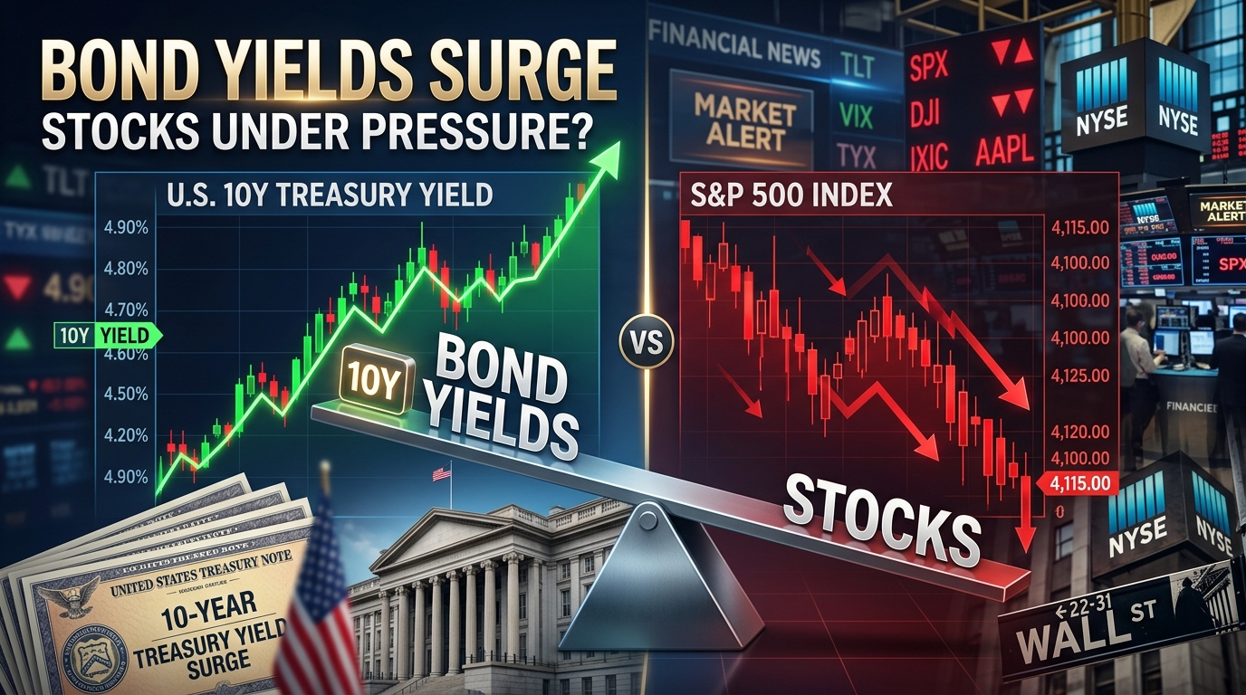 U.S. Treasury bond yields rising while the U.S. stock market falls, illustrating how higher interest rates can pressure stock valuations.