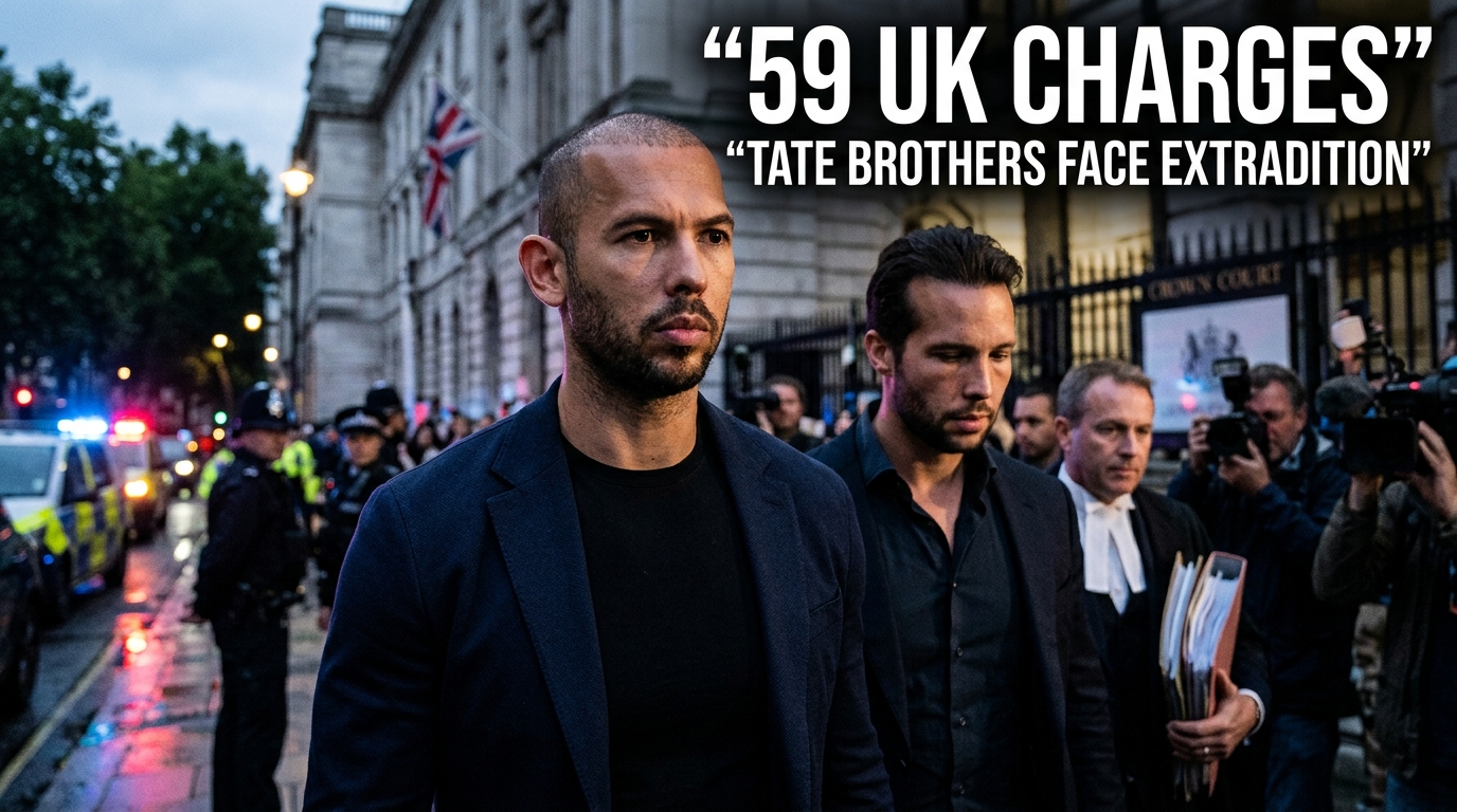 Andrew and Tristan Tate facing 59 UK criminal charges as extradition proceedings continue in the United States.