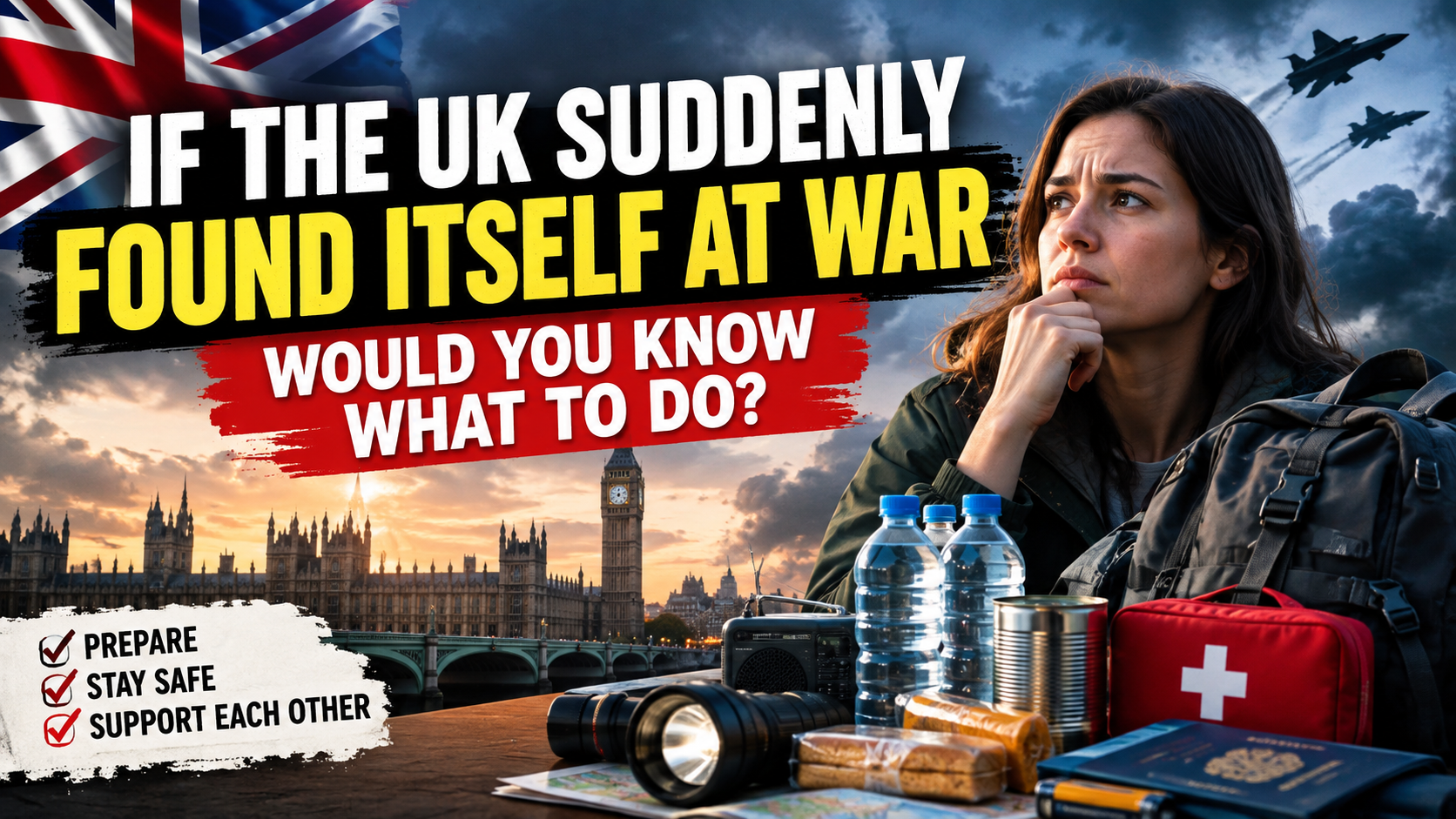 Cinematic UK wartime preparedness scene featuring the Union Jack, London Parliament and Big Ben, fighter jets, a concerned woman with an emergency backpack, and essential supplies including water, canned food, radio, flashlight, first-aid kit, and passport.
