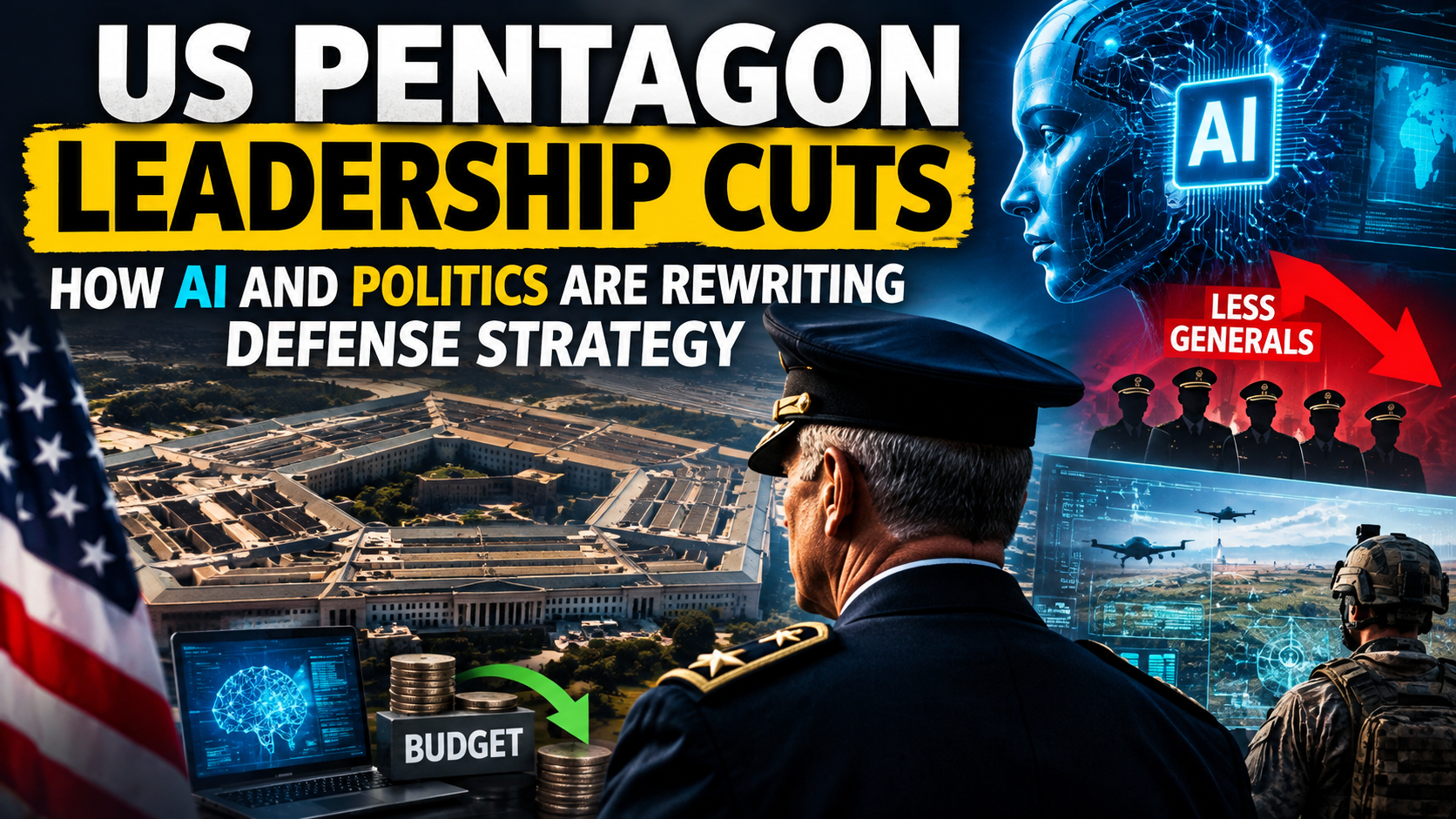 US Pentagon leadership cuts and AI-driven defense strategy, showing the Pentagon, military commander, AI technology, drones, and fewer generals.