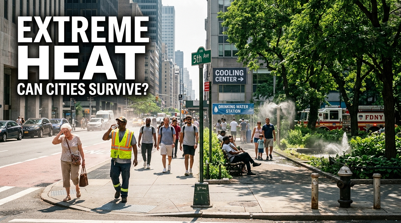 Extreme heatwave in a modern city showing real people seeking shade near green spaces, trees, water features, and cooling infrastructure to illustrate urban heat resilience and microclimate planning.